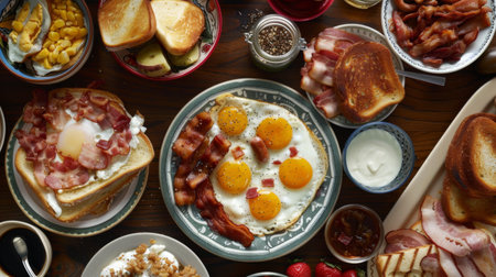 An aerial view of a classic American breakfast spread with eggs, bacon, sausage, and toastの素材