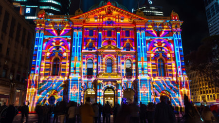An iconic landmark building illuminated by a dazzling light show, drawing crowds of spectators to witness the spectacle and marvel at the beauty of cityscape illumination.の素材