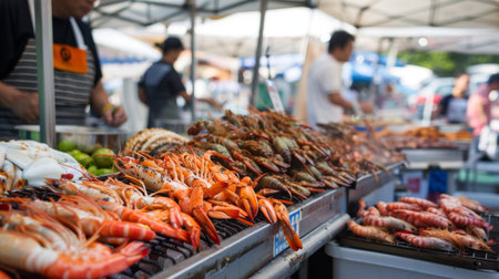 An outdoor seafood festival with stalls offering a variety of grilled, fried, and steamed seafood delightsの素材
