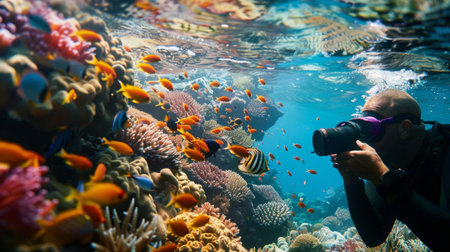 An underwater photographer capturing the graceful movements of a school of colorful tropical fish in a coral reefの素材
