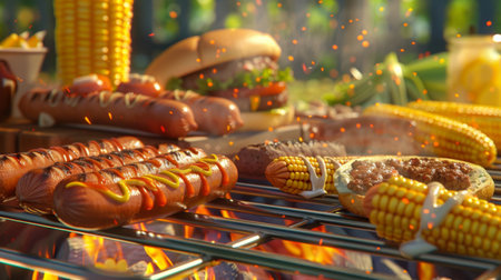 An outdoor barbecue with grilled hot dogs, burgers, and corn on the cob, capturing the essence of summerの素材