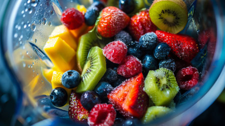 Close-up of a blender filled with a medley of fruits, hinting at the delicious concoctions to comeの素材