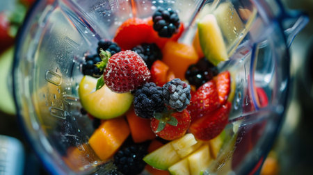 Close-up of a blender filled with a medley of fruits, hinting at the delicious concoctions to comeの素材
