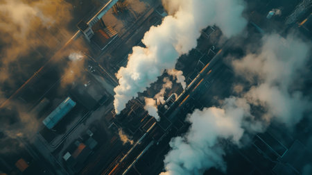 Close-up of a factory emitting plumes of toxic smoke into the air, contributing to air pollutionの素材