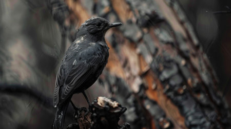Close-up of a bird perched on a tree covered in soot from air pollution, illustrating its impact on wildlifeの素材