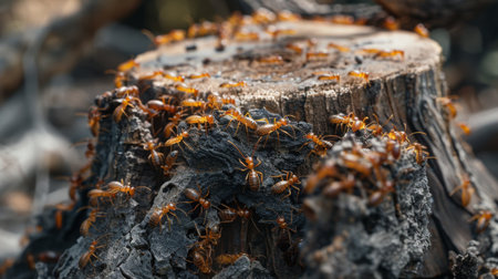 Close-up of a colony of termites infesting a decaying tree stump, illustrating the cycle of decompositionの素材