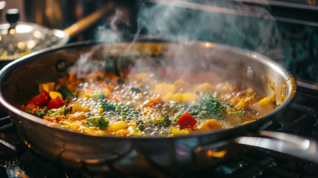 Close-up of a bubbling pot of curry stir-fry simmering on the stove, promising a flavorful meal aheadの素材