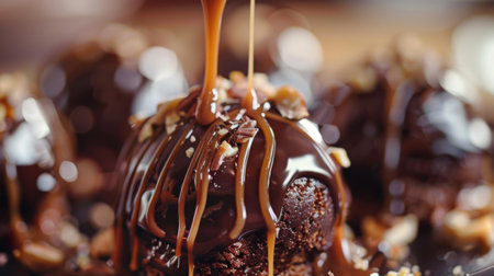 Close-up of a decadent chocolate dessert, drizzled with caramel and sprinkled with nutsの素材