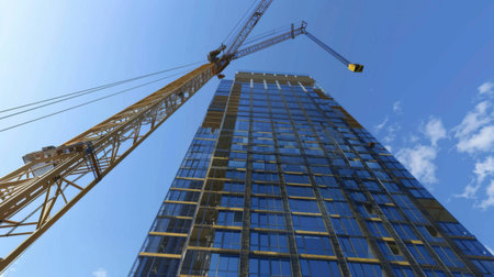 Close-up of a crane lifting construction materials against the backdrop of a rising skyscraper -の素材