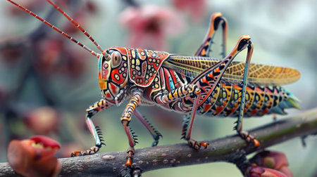 Close-up of a grasshopper perched on a twig, its intricate patterns and colors blending with the surroundingsの素材