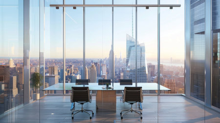 Close-up of a glass-walled conference room in a modern skyscraper, offering panoramic city viewsの素材