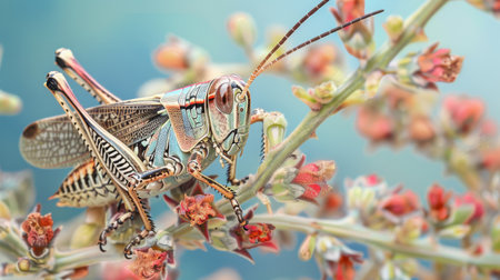 Close-up of a grasshopper perched on a twig, its intricate patterns and colors blending with the surroundingsの素材