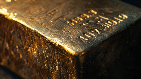 Close-up of a gold bullion bar stamped with purity and weight, representing tangible wealth and financial securityの素材
