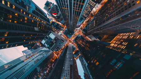 An aerial view of a bustling cityscape with towering skyscrapers reaching for the skyの素材