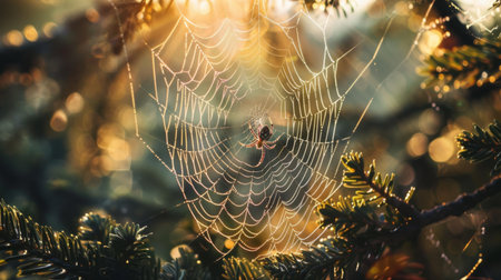 A spider spinning its delicate web between tree branches, patiently waiting for prey to ensnareの素材