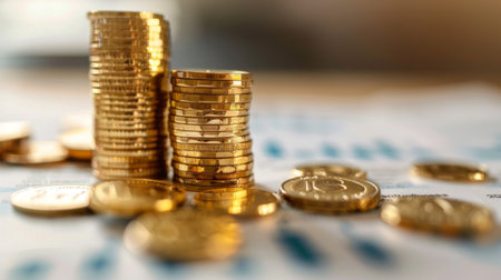 A stack of gold coins and bars on a financial report, symbolizing wealth accumulation and financial successの素材