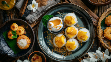 A Thai dessert spread featuring sticky rice with mango, coconut ice cream, and crispy banana frittersの素材