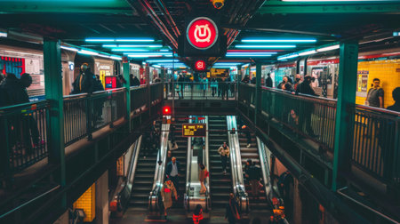 A subway station entrance adorned with colorful signage and bustling with activity, commuters coming and going as they navigate the city's underground transit network.の素材
