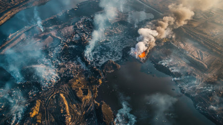 Aerial view of a landfill site emitting noxious fumes into the atmosphere, exacerbating air pollutionの素材