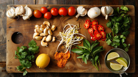 A Thai kitchen scene with ingredients for curry stir-fry laid out on a wooden cutting board, inviting culinary creativityの素材