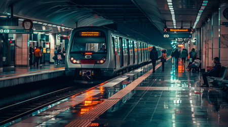 A train station platform bustling with commuters, as a modern metro train arrives to whisk passengers to their destinations, epitomizing the rhythm of urban travel.の素材