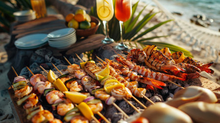 A tropical beachside barbecue with skewers of grilled shrimp, fish fillets, and lobster tails, paired with icy cocktailsの素材