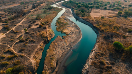 Aerial view of a shrinking river snaking through a parched landscape, symbolizing dwindling water resources in droughtの素材