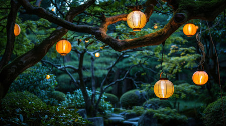 A tranquil garden illuminated by softly glowing lanterns hanging from tree branches, creating a peaceful and serene setting for relaxation and contemplation.の素材