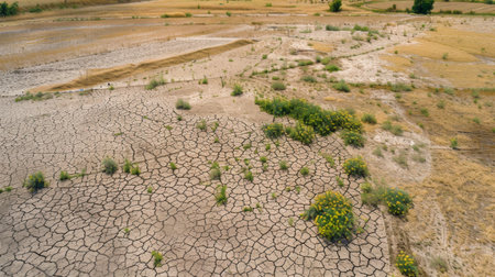 Aerial view of arid farmland with wilted crops, depicting the desperation caused by droughtの素材