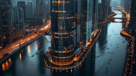A striking juxtaposition of a modern skyscraper against the timeless beauty of a winding river, showcasing the allure of urban sophistication in a natural setting.の素材