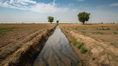 An empty irrigation canal surrounded by parched fields, illustrating the agricultural crisis brought on by droughtの素材