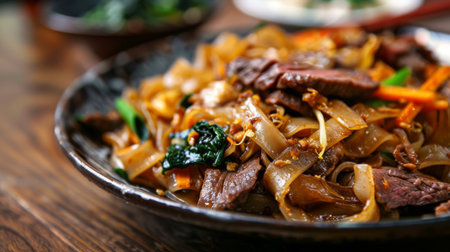 Close-up of a plate of pad see ew, stir-fried rice noodles with tender slices of beef and crunchy vegetablesの素材
