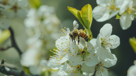 Close-up of a bee collecting nectar from blossoming flowers on a tree, vital for pollinationの素材
