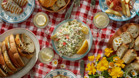 A traditional American picnic spread with sandwiches, potato salad, and lemonade, perfect for a day outdoorsの素材