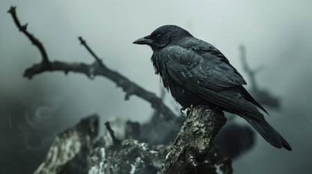 Close-up of a bird perched on a tree covered in soot from air pollution, illustrating its impact on wildlifeの素材