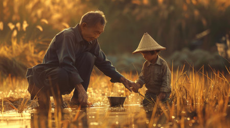 An elderly farmer guiding a young child in the art of rice farming, passing down ancient wisdom and nurturing a connection to the land.の素材