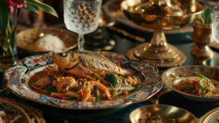 An elegant Thai dinner setting with ornate dishes of seafood curry, stir-fried vegetables, and crispy fishの素材