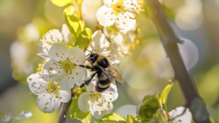 Close-up of a bee collecting nectar from blossoming flowers on a tree, vital for pollinationの素材