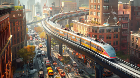 An elevated railway track winding through a bustling city, with a sleek train gliding above traffic, showcasing the role of mass transit in urban mobility.の素材