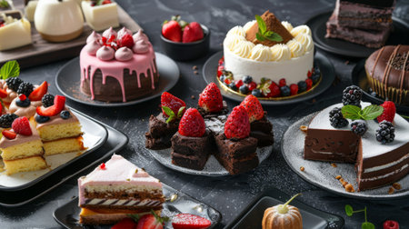 An assortment of delectable desserts, from creamy cakes to flaky pastries, tempting the taste budsの素材