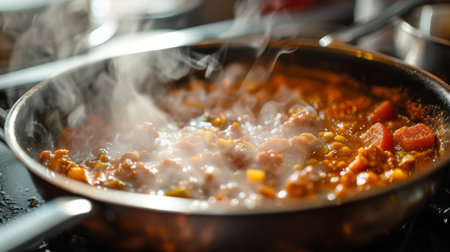 Close-up of a bubbling pot of curry stir-fry simmering on the stove, promising a flavorful meal aheadの素材