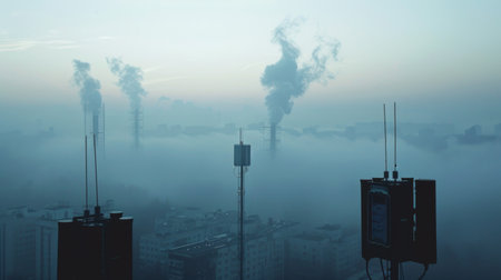 An urban landscape with air pollution monitors in the foreground, tracking pollutant levels in the atmosphereの素材