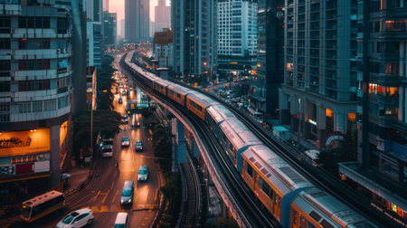 An elevated railway track winding through a bustling city, with a sleek train gliding above traffic, showcasing the role of mass transit in urban mobility.の素材