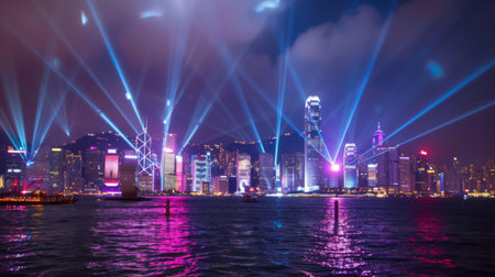 An iconic landmark building illuminated by a dazzling light show, drawing crowds of spectators to witness the spectacle and marvel at the beauty of cityscape illumination.の素材