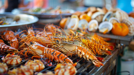 An outdoor seafood festival with stalls offering a variety of grilled, fried, and steamed seafood delightsの素材