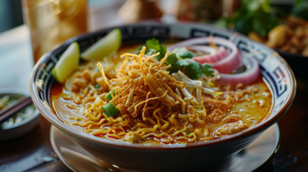 Close-up of a bowl of comforting chicken noodle soup, known as khao soi, garnished with crispy noodlesの素材