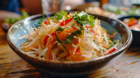 Close-up of a bowl of vibrant green papaya salad, bursting with tangy flavors and crunchy texturesの素材