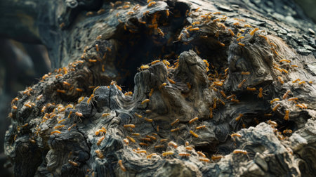 Close-up of a colony of termites infesting a decaying tree stump, illustrating the cycle of decompositionの素材