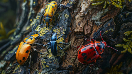 An insect photographer capturing the beauty of beetles crawling on tree bark, showcasing their diverse formsの素材