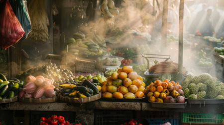 An outdoor market stall with fresh produce glistening under a fine mist of water, inviting customers to taste the freshnessの素材